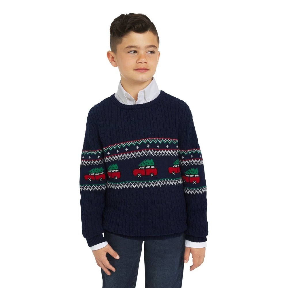 Lands' End Boys Holiday Sweater Navy Fair Isle Christmas Tree Size L 10-12 NWT